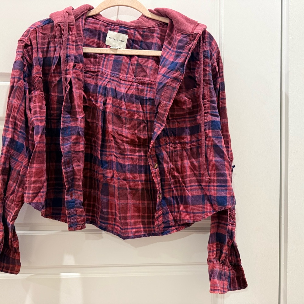 Red and Blue Plaid Hooded Shirt